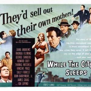 Dana Andrews, John Drew Barrymore, Vincent Price, George Sanders, Howard Duff, Rhonda Fleming and Thomas Mitchell in While the City Sleeps (1956)
