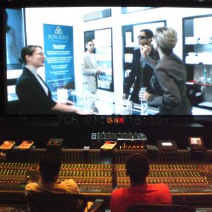 L to R ReRecording Mixer Aaron Levy and Warren Pereira review WHOS GOOD LOOKING? sound design at TODDAO before the files go to Dolby for MO for the 35mm print