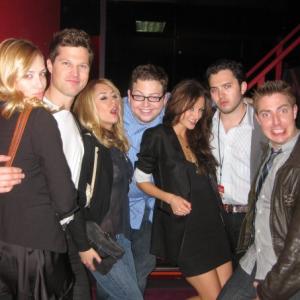 From left to right: Beth Behrs, John Patrick Jordan, Jennifer Holland, Brandon Hardesty, Melanie Papalia, Greg Holstein, and Kevin M. Horton at an afterparty for the film 