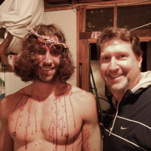 Brian Reed Garvin Checks out the blood effects on Actor Andrew Skully who plays Jesus in the Feature film Centurion AD