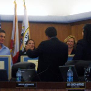 Steven Brack, Writer/Director-Debra Hall-Green and Executive Producer-Adrianne Kennedy receive Merit Awards from the City Of Hialeah, Florida and Mayor Carlos Hernandez for their work in the PBS documentary, 
