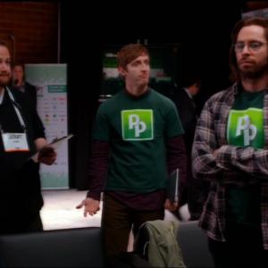 The Tech Crunch Disrupt stage manager Ben Zelevansky summons Pied Piper TJ Miller Thomas Middleditch Martin Starr and Kumail Nanjiani to the stage on Silicon Valley
