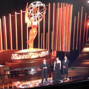 Melissa Hoppe takes the Emmy stage with Eddie Roqueta and Chairman and CEO of the Television Academy Bruce Rosenblum  Sept 20 2015