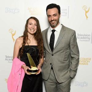 Melissa Hoppe with Reid Scott of Veep after he presented her with the 1st Place Childrens Program college Emmy College Television Awards April 23 2015