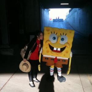 Linda Wang with Sponge Bob Square Pants celebrating the First Pitch at the Angel Stadium of Anaheim.