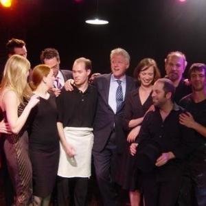 Mike Roche (Freddy, in white apron) and cast of Steve Martin's Picasso at the Lapin Agile with guest President Clinton and Senator Clinton. Closing Night New York City. Director Joe Tantalo