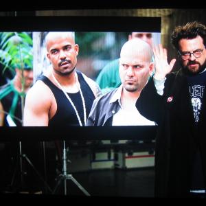 Still of Jeremy Dash Guillermo Diaz and director Kevin Smith from Cop Out on BluRay extra features