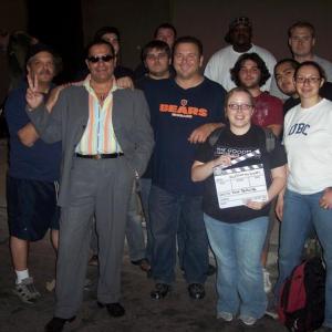 Tony DeGuide Film Directorwearing Bears Tshirt and crew of The Voices From Beyond on location in downtown Chicago with Alexander Alcarese far leftProducer and DP and Shimon Almzaleg costar in suit next to Alcarese