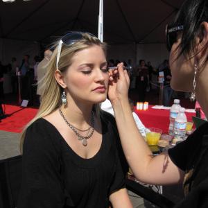 Doing iJustine's makeup at a Virgin Airlines event.