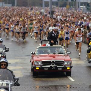Fred Lebow in the lead car at the start of the 1986 Marathon