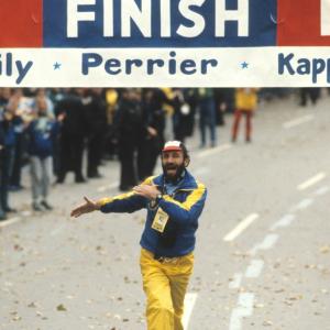 Fred Lebow running through the finish line at the 1981 New York City Marathon