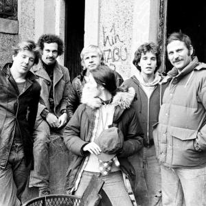 On location in the Bronx, New York during the making of William Reilly's NYU student film STREET WISE. Left to Right Mickey Rourke, Walter Vogt, Anatoly Davydov, Susan McBride and Joseph Dellolio