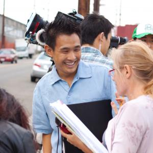 Director Jeffrey Gee Chin consulting with Script Supervisor Elissa Tedeso on Lil Tokyo Reporter