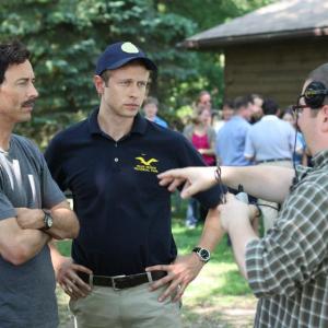 Tom Cavanagh Jamie Spilchuk and Ted Bezaire on set of The Birder