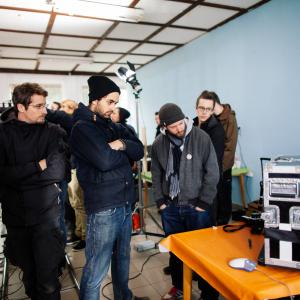 Pter Bszrmnyi first assistant camera Blint Szimler director and Marcell Rv cinematographer on the set of Balaton Method