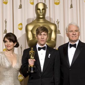 Academy Awardwinner Dustin Lance Black center with presenters left to right Tina Faye and Steve Martin backstage at the 81st Academy Awards are presented live on the ABC Television network from The Kodak Theatre in Hollywood CA Sunday February 22 2009