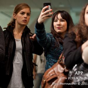 Still during the filming of App with Hannah Hoekstra and Isis Cabolet