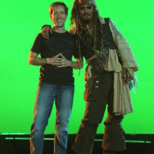 James Arnold Taylor (Voice of the Skull) on the set of The Legend of Jack Sparrow with Johnny Depp.