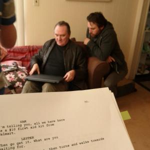Al Dales (Earl) and Conor Gomez (Lester)rehearse in this Behind the scenes photo of the award winning 2014 feature thriller 'Babyshower'.