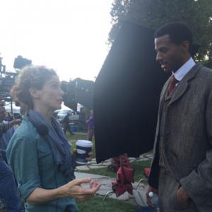 Leslie Hope and Jordan Johnson-Hinds on the set of Murdoch Mysteries.