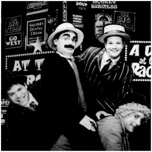Jeff Essex Harpo with Justin Leader Zeppo Jason Blanton Groucho and Sam Ruiz Chico in Minnies Boys
