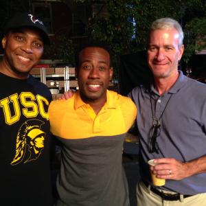 Writer Devon Greggory Actor Bam Hall and director Alec Smight on set of CSI Cyber