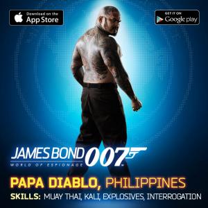Marcus Natividad character Agent PAPA DIABLO in the new James Bond World of Espionage mobile game by GLU and MGM studios