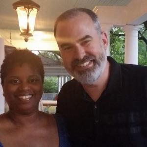 Actress Marlo Scheitler with writerdirector Alex Kendrick at Miss Claras house on the set of the War Room Movie coming out in theaters nationwide on August 28 2015