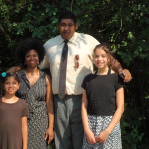 Marlo Scheitler with Omar Benson Miller and two young actresses on the set of the film Blood Done Sign My Name