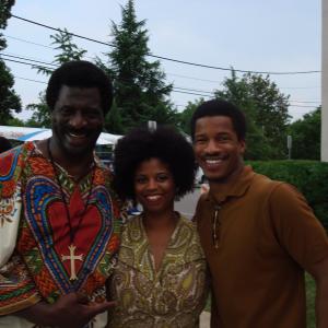 Afemo Omilami Marlo Scheitler and Nate Parker on movie set of Blood Done Sign My Name