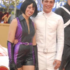 Sarah Hummert and Colton Haynes are seen at the Speed Racer premiere in Los Angeles.