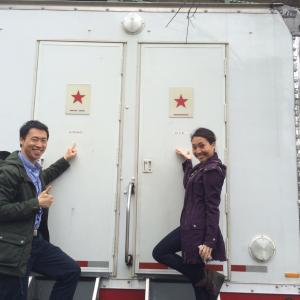 Stephen Lin and Anna Weng on set for CBS Unforgettable (2014)