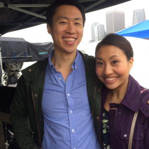 Stephen Lin and Anna Weng on set for CBS Unforgettable 2014