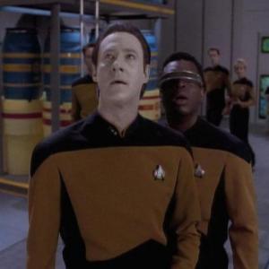 Star Trek: The Next Generation Episode Schisms - Lena Banks far right behind - Brent Spiner and LaVar Burton foreground