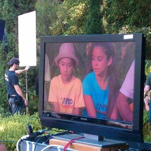 Kayla on screen with Bailey shooting Muzzy World Pilot