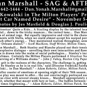 Reviews of Dan Marshall - SAG & AFTRA - As Stanley Kowalski in The Milton Players' Production of 