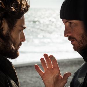 Douglas Booth with director Darren Aronofsky during filming of Noah
