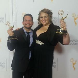 Evan Zissimopulos with Director / Producer Melanie Wagor accepting their Emmy Awards.