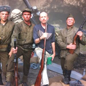 Reg Taylor on set playing Soviet War Hero Viktor Leonov for Hardcore Heroes pictured beside Director David Tenant