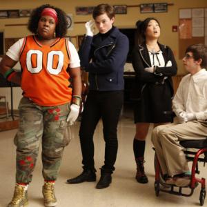 Still of Kevin McHale Chris Colfer Jenna Ushkowitz and Amber Riley in Glee 2009