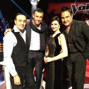Arwa Gouda with Super Stars Judge panel of THE VOICE from left to right Saber Al Robaei Kadim Al Saherm and Assi Al Hellani
