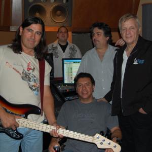 Kim Richards in studio (producing) Luis Cardenas (seated), along with studio musician Tommy Rojo (standing) and Allied Artists' Chief Engineer David Franklin (rear) and Exec Asst to the CEO, Danny Ramos (behind Cardenas)