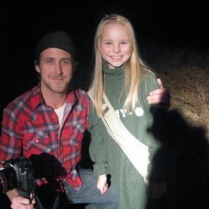 Amber on set with Ryan Gosling.
