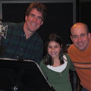 Dana Gaier in the recording studio with Despicable Me Writers Cinco Paul and Ken Daurio