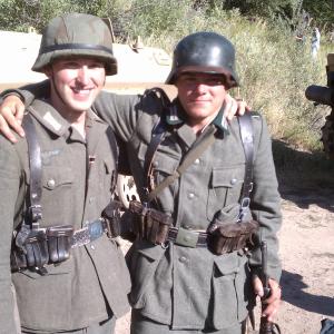 Brenden with one of the WWII reenactors on the set of Foxhole