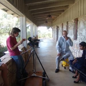 Rodger Marion discussing a scene with John Daws and Paloma Bermudez