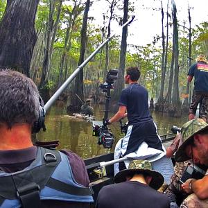 Under Armour commercial with Willie Robertson of Duck Dynasty. The Steadicam is hard mounted to the boat in Low-mode so the lens can float just above the water