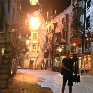 Standing in Diagon Alley with the fire breathing dragon after a successfull shoot for the Harry Potter commercials