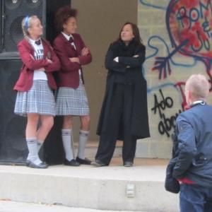 Kira Murphy with Producer Kate Rigg Actress Kiera Meldrum and Choreographer David on the set of Cache Craze in Stratford Ontario