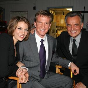 On set of CHUCK Lauren Cohan Graham Clarke and Ray Wise